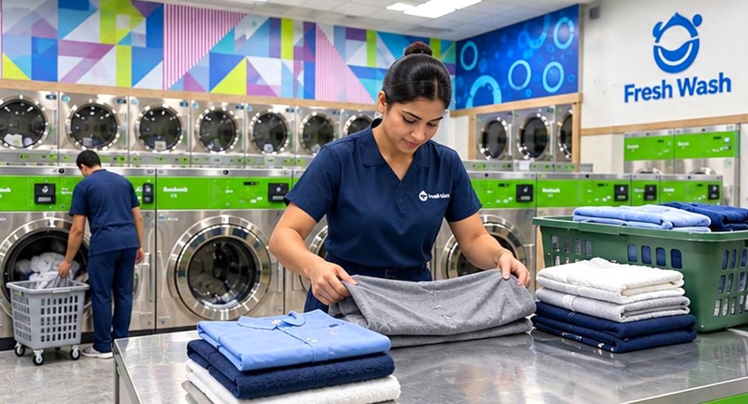 Fresh Wash team members washing and folding customer laundry
